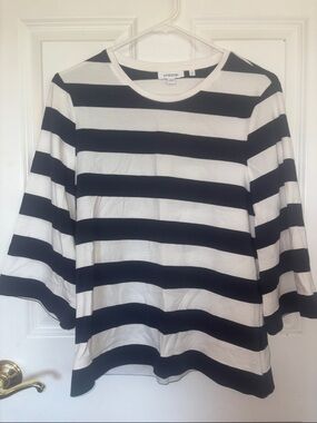 Chico's Black and White Horizontal Stripe Long Sleeve Top
